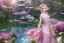 Placeholder: only one pretty asiatique girl dénudée just before a magical crystal flower lotus magnolia lys bougainvillier, blue gold house indian palace castle in the woods, magnolias pink,blue lake,sun,white swanns,pink vertical, blue lake,sharp, vines, candlelit, endor, ornate, elegant, highly detailed, artstation, concept art, smooth, sharp focus, illustration, 8k, splash art, wallpaper, key visual