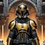 Placeholder: star wars bald male corellian pilot wearing pearlescent black and gunmetal grey First Order special forces heavy assault stealth commando armor and helmet with gold trim inside the jedi temple, hyperdetailed, dynamic lighting, hyperdetailed background, 8k resolution, volumetric lighting, light skin, fully symmetric details