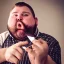 Placeholder: fat guy licking a knife, edgy expressive, angry pouty face, light facial hair full beard