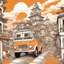 Placeholder: A magnificent vibrant orange white black line art bus glides through a surreal village at sunset, blending futuristic elements with the charm of old architecture.