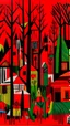 Placeholder: A red forest with tribal huts painted by Stuart Davis