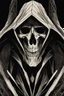 Placeholder: skeleton in a black hooded cloak drawn in a early animation ruberhose style, inside a light diamond shape on a black background, monochromatic