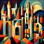 Placeholder: An abstract geometric painting depicting a landscape of an ancient medieval city with castles, towers, churches, vaults, culverts and bells in a very stylized and cubist way. The composition consists of various shapes, forms and geometric elements arranged to create the impression of buildings, structures and architectural elements in an urban landscape. The shapes and forms used in the painting are a combination of straight lines, angles, curves and circles, creating a sense of rhythm and mo