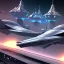 Placeholder: 4 old school spaceships in a futuristic city.