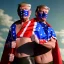 Placeholder: realistic image of donald trump as a mexican wrestling fighter posing outdoors, Mexican eyes wrestling mask, red and blue breeches, confederate flag cape, retro style, 80s, vibrant color, highly detailed, sky background, concept art, unreal engine 5, god rays, ray tracing, RTX, lumen lighting, ultra detail, volumetric lighting, 3d, finely drawn, high definition, high resolution.