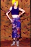 Placeholder: year 1996 denim fashion. Loose skirt, low waist. Combat t-shirt. Colors: denim blue, blue, purple, cream, khaki, light green, lilac, plum, orange, terracotta, red, light yellow, pink, dark blue, beige. Latex in small part. Something between camouflage and cheetah prints.. Gwen Stephani, Shirley Manson.