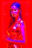 Placeholder: A classic style painting carry a picture of a host portrait of beautiful young girl with red dress with a red light reflecting in their cybernetic enhancements.red background all are red