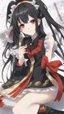 Placeholder: Tokisaki Kurumi appears to be elegant and has very polite manners, ivory skin and long, evil smile, crazy smile, black hair usually tied in long twin tails, deferent Eyes colors, right eye is red-tinted color, left eye appears as a golden color, inorganic clock face, a girl with astonishing beauty, wearing her astral black and red dress 'Elohim', left golden eye, intricate details, highly detailed, date a live anime art style