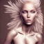 Placeholder: A beautiful body of a nude make up woman blond long color hair,alone, high key lighting, volumetric light high details with white stripes and feathers and celtic paterns