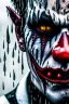 Placeholder: ultra detailed and highly realistic image of a gothic, scary clown, close up of him standing in the rain, the rain messed up his face makeup as it smudged of his face, chaotic, dramatic upclose view, 32k, splatter paint style