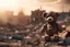 Placeholder: kids teddy bear toy over city burned destruction of an aftermath war conflict, earthquake or fire and smoke of world war against children peace innocence as copyspace banner