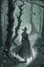 Placeholder: in the style of a Henry Justice Ford drawing, a beautiful witch walks through a forest