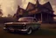 Placeholder: pristine ratrod parked in front of an old house, medium shot, pixar style, sharp, very detailed, hires, volumetric clouds, hdr, uhd, 8k, octane render