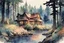 Placeholder: retro anime style, full color, dark serious 1980s anime style, A western cottage in the forest near a river, watercolor, forest,