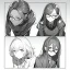 Placeholder: three girls, leaning pose, sueter, glasses, Line art,