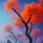 Placeholder: silhouette, monde en fleurs, concept art, crépuscule , bleu oranger, vibrant Color, réaliste