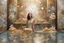 Placeholder: pool mosaic, 3D mirror pieces, beautiful composition, holographic marble pieces, brunette female, dessert shop, flowers, ethereal in sunshine, shading pastel and charcoal golden and ochre, golden glitter, , golden patina, corrosion