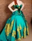 Placeholder: princess with long auburn hair in a big teal green and gold satin ballgown corset off shoulder top in a castle