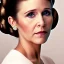 Placeholder: realistic analog style photography, Beautiful photorealistic close up face of carrie fisher, soft ethereal skin, symmetrical hairstyle,studio lighting, sharp brown eyes, dark plain background