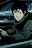 Placeholder: Megumi Fushiguro | Jujutsu Kaisen a guy with disheveled black hair an anime character is sitting in a car wearing a scarf. It's snowing outside and it's nighttime. Everything is pale and dreary