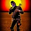 Placeholder: cyborg one man band, instruments, full moon background center large, steampunk style, 3d, hd