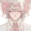 Placeholder: a beautiful demon boy with his eyes closed and lonk eyelashes, wears a smart shirt which is embroidered with pink flowers and ornaments