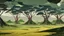 Placeholder: Beautiful landscape with trees, earth opens up and breaks down in black polygons.