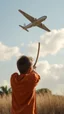 Placeholder: A boy with slingshot aiming towards an airplane in the sky