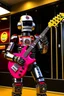 Placeholder: A hard rock robot is hosting a radio show in a m