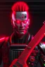 Placeholder: 4K realistic A robot terminator with a red punk crest playing bass