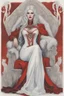 Placeholder: Beautiful white haired Vampire queen on her throne, drawing. Wearing a red cloak with a fur collar. Portrait, waist up