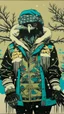 Placeholder: A contemporary serigraphy portrait by Kunisada of a crow adorned in a punk leather jacket within a snowy Christmas atmosphere.