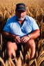 Placeholder: close up photography of a relaxing tired burly stocky beefy neapolitan farmer 50 years old under the sun sitting down in a wheat field, dirty, ugly, manly chest, sweat, bare-chested, underwear, bulge, view from top, 35mm lens , misery and poverty, countryside