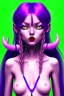 Placeholder: cute purple haired devil human girl with bright green eyes and black horns wearing purple/pink dress