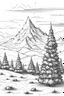 Placeholder: snowy mountains in the background and a Christmas tree in the front, hand drawn