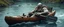 Placeholder: ancient bald fat ogre troll machete sitting relaxed in huge massive kayak in stream, big metal oar