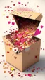 Placeholder: Open box stuffed with love letters, hearts, heart confetti, love explosion, art, drawing, very realistic, detailed, vibrant colors.