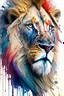 Placeholder: "lion", clean design, art station, splash of colorful paint, contour, ((solid white background)), gazing into camera, hyperdetailed intricately detailed, unreal engine, fantastical, intricate detail, splash screen, complementary colors, fantasy concept art, 8k resolution, DeviantArt masterpiece, watercolor, paint dripping