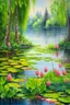 Placeholder: Vintage watercolor on a wet old canvas overgrown lake with weeping willows in the forest, pink water lilies float on the lake, fir trees, flowers, bells, herbs, bushes, vintage, realistic, summer, many details, colored pencil drawing, botanical, realistic, filigree, dark botanical, lumen, glare of the sun on the smooth surface of the lake, hyperrealism, the sun through the foliage, subtle drawing in black ink, in the style of A.Zhado