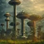 Placeholder: colorful vibrant fantasy image overgrown Seattle wasteland, retrofuture, atompunk, fifties, landscape, apocalypse, pine trees, space needle