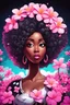 Placeholder: create a psychedelic digital enhance cartoon art style image with exaggerated features, 2k. cartoon image of a curvy size black female looking off to the side with a large thick tightly curly asymmetrical afro. Very beautiful. With pink and white plumeria flowers