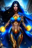 Placeholder: super hero woman, big body, good body, good ass, blue long hair, lighting plasma on hands and eyes, black and gold costume, rude mode, cape, splashed for blood, high quality details, intrincate details, street and moon background.