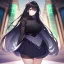 Placeholder: Clear focus, high resolution, black long fluffy hair, purple eyes, wearing a detailed outfit with a medium skirt