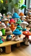 Placeholder: mushrooms colorful town with tiny people going to the beach to knit and crochet wearing mushroom hat. They are having a knitting workshop