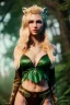 Placeholder: Druid character, young woman, cougar ears, cougar tail on lower back, blonde hair, long hair, green eyes, scars on body, animal hide armor, waist up portrait, 4k resolution, intricate details, ornate details, soft lighting, vibrant colors, retroanime, masterpiece, intricate eyeliner, dark eyeshadow, eyes, intricate tattoos, natural background