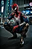 Placeholder: Spider-Man in cyberpunk armor, photograph