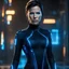 Placeholder: full body portrait of short-haired Rhona Mitra As A Beautiful Alluring Defeated cyberpunk spy, Angry And Arrogant, Shocked, black choker, blue bodysuit, black gloves, black and blue leggings, glowing blue eyes