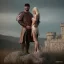 Placeholder: A photo realistic portrait of a stunning blonde girl and muscular dark haired man in a lovers embrace standing in front of a medieval castle