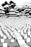 Placeholder: landscape, Japanese open air flat cemetery with thousand Japanese gravestones, high detail, manga style, grayscale