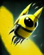 Placeholder: A strange creature flying in space on top of a speeding rocket. It has a head in the shape of a yellow and black circle with yellow edges as well